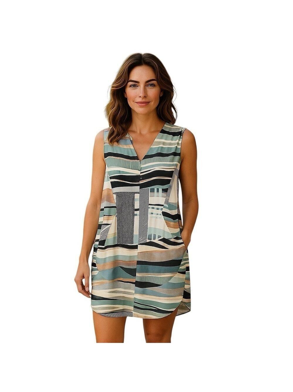 Pink Stitch Crepe Midi Shirt Dress White Blue Sleeveless V Neck Front Pocket 8